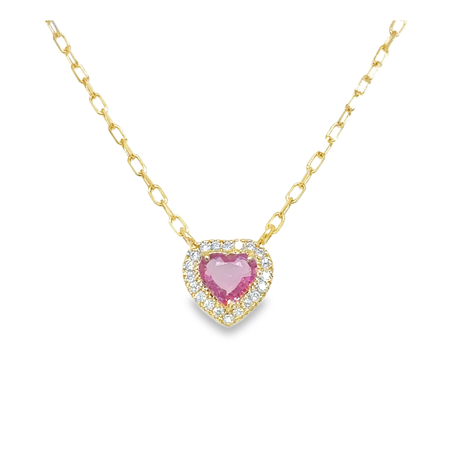 14KT YELLOW GOLD DIAMOND AND PINK SAPPHIRE HEART NECKLACE