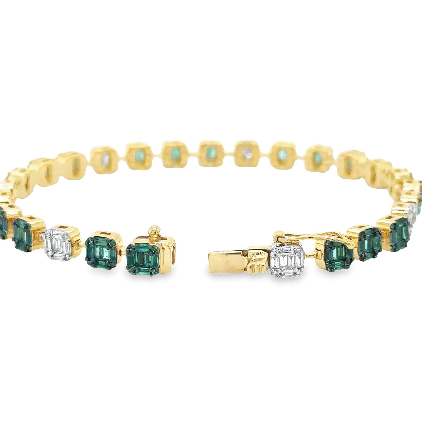 14KT YELLOW GOLD EMERALD AND DIAMONDS TENNIS BRACELET