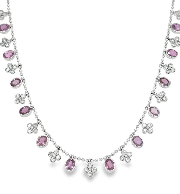 14KT WHITE GOLD PINK SAPPHIRE AND DIAMOND CLOVER DANGLING NECKLACE