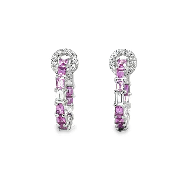 18KT WHITE GOLD PINK SAPPHIRE AND DIAMONDS HOOP EARRING