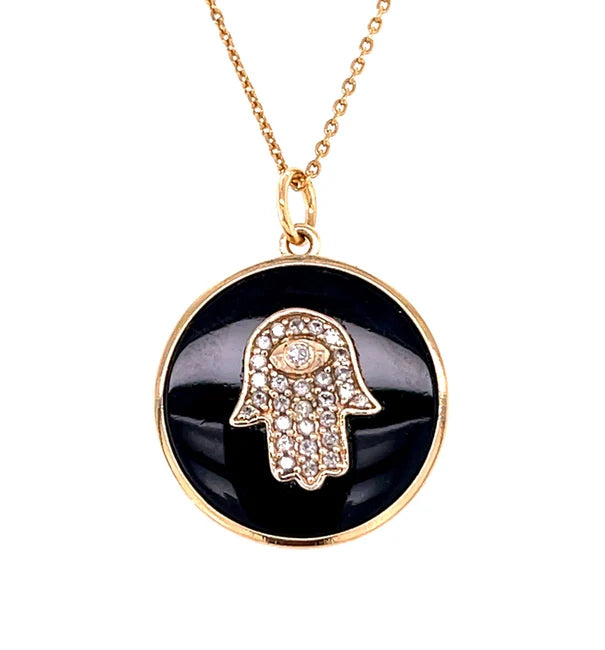14KT YELLOW GOLD BLACK ONYX HAMSA PENDANT WITH DIAMONDS