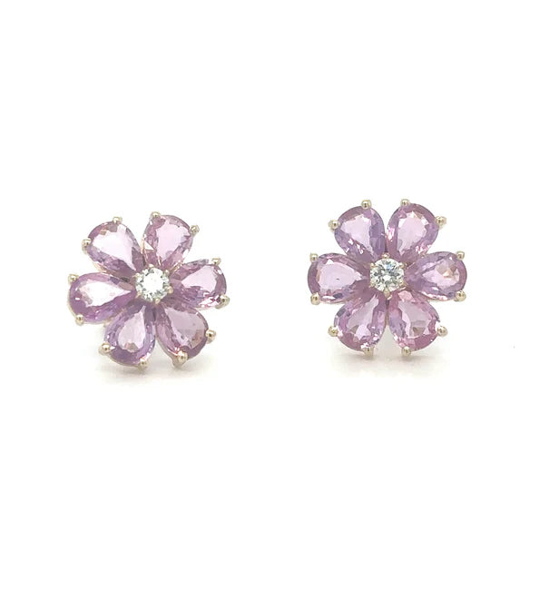 14KT YELLOW GOLD FLOWER EARRING WITH PINK SAPPHIRE AND DIAMONDS