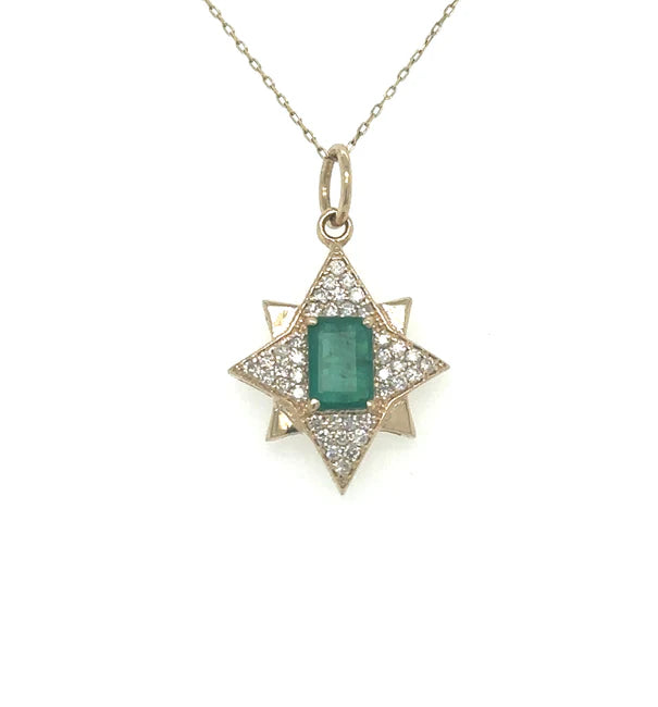 14KT YELLOW GOLD STAR PENDANT WITH EMERALD AND DIAMONDS