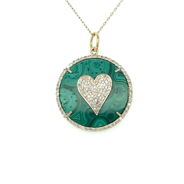 14KT YELLOW GOLD MALACHITE HEART PENDANT WITH DIAMONDS