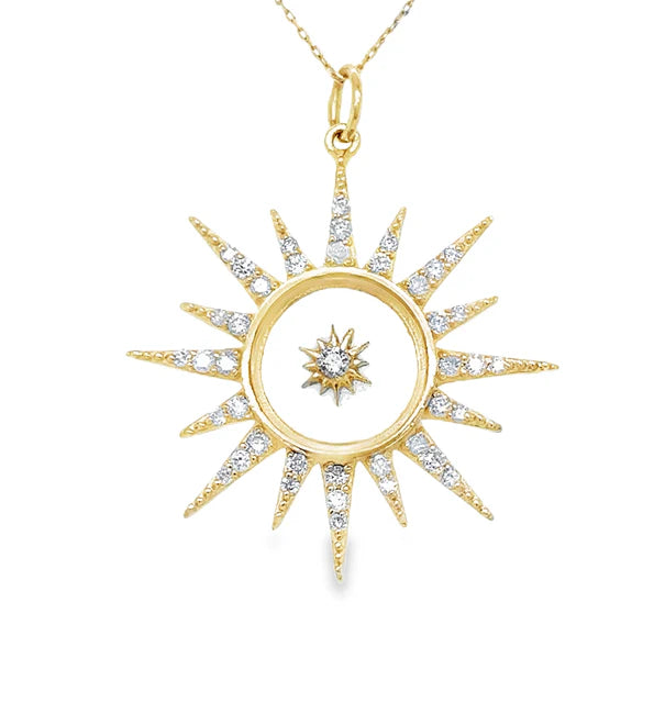 14KT YELLOW GOLD CLEAR QUARTZ STARBURST PENDANT WITH DIAMONDS