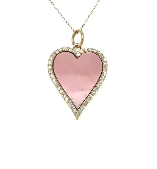 14KT YELLOW GOLD PINK OPAL HEART PENDENT WITH DIAMONDS