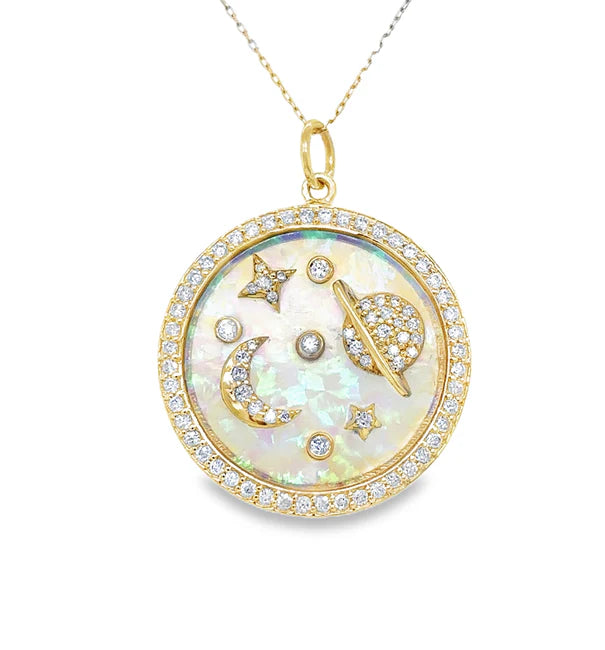 14KT YELLOW GOLD OPAL PLANET PENDANT WITH DIAMONDS