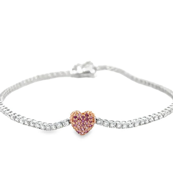14KT TWO TONE PINK SAPPHIRE AND DIAMONDS HEART TENNIS BRACELET