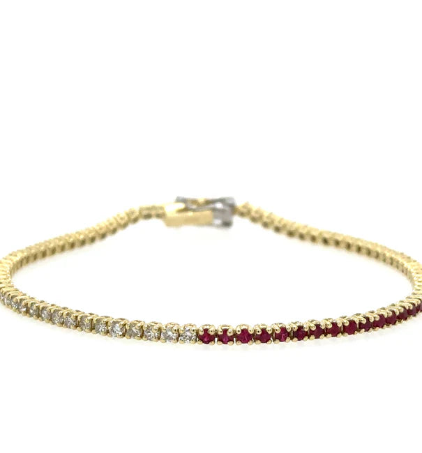 14KT YELLOW GOLD DIAMONDS AND RUBY TENNIS BRACELET