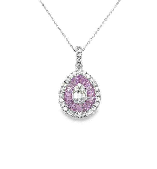 14KT WHITE GOLD PINK SAPPHIRE AND DIAMONDS PEAR SHAPE PENDANT
