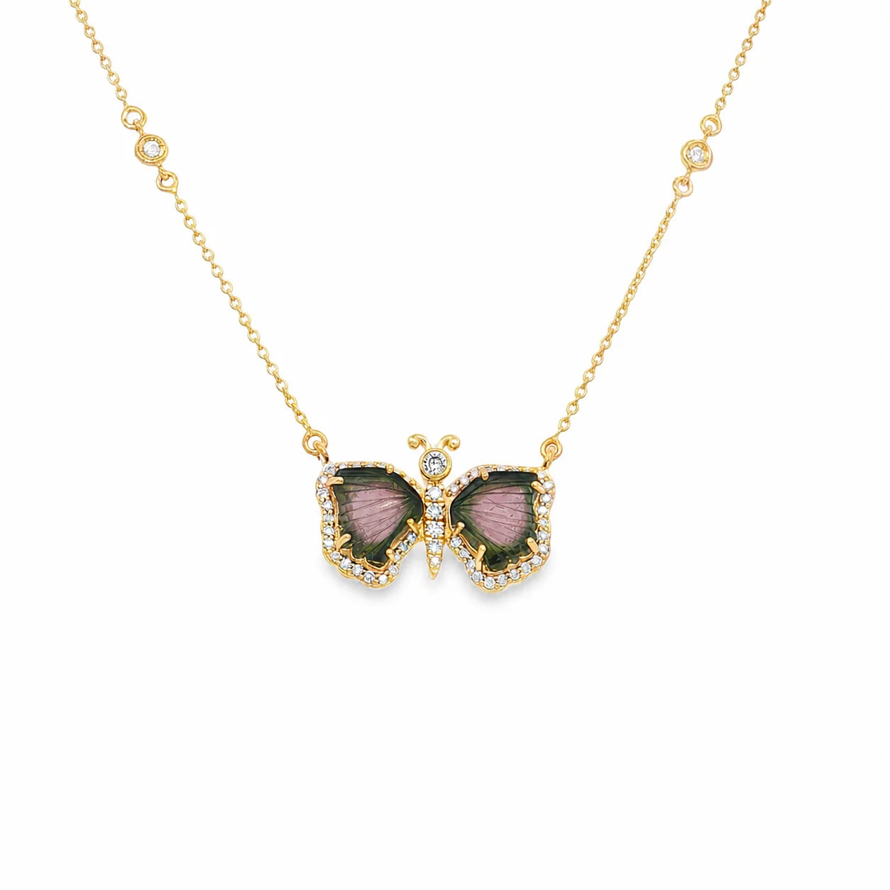 14KT YELLOW GOLD WATERMELON TOURMALINE AND DIAMONDS BUTTERFLY NECKLACE