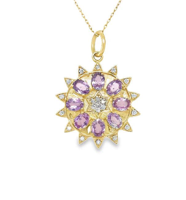 14KT YELLOW GOLD PINK SAPPHIRE AND DIAMONDS PENDANT