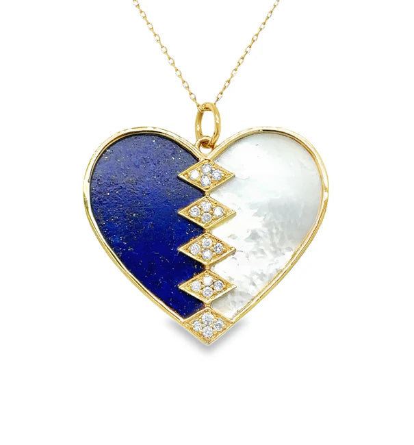 14KT YELLOW GOLD LAPIS AND MOTHER OF PEARL HEART PENDANT WITH DIAMONDS