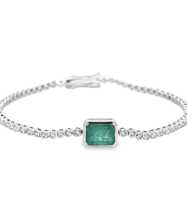 14KT EMERALD OCT AND DIAMOND TENNIS BRACELET