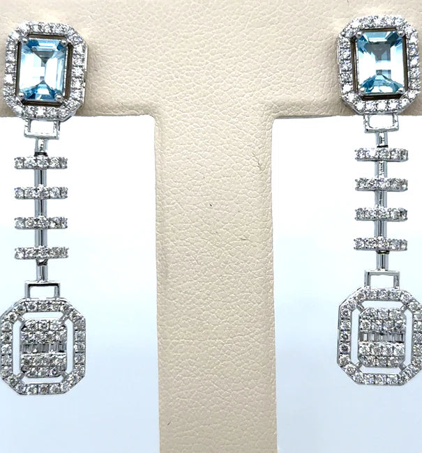 14KT WHITE GOLD AQUAMARINE AND DIAMONDS EARRING