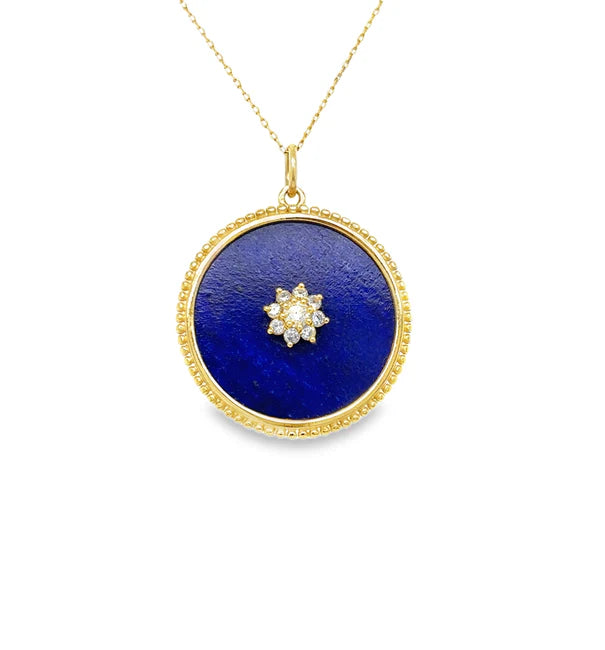 14KT YELLOW GOLD LAPIS PENDANT WITH FLOWER DIAMONDS