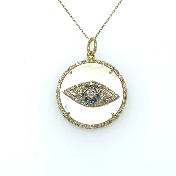 14KT YELLOW GOLD MOTHER OF PEARL EVIL EYE PENDANT WITH SAPPHIRE AND DIAMONDS