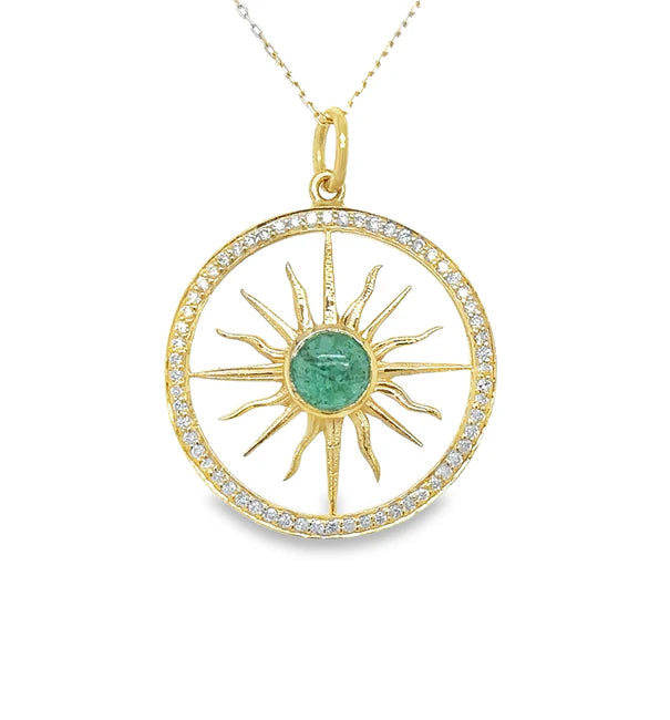 14KT YELLOW GOLD CLEAR QUARTZ PENDANT WITH EMERALD AND DIAMONDS