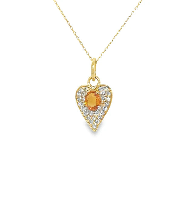 14KT YELLOW GOLD HEART PENDANT WITH ORANGE SAPPHIRE AND DIAMONDS