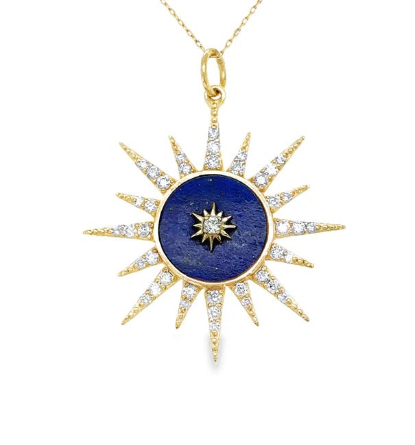 14KT YELLOW GOLD LAPIS STARBURST PENDANT WITH DIAMONDS