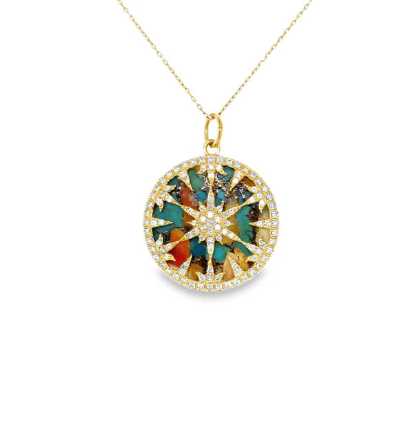14KT YELLOW GOLD OYSTER TURQUOISE AND DIAMOND STARBUST PENDANT