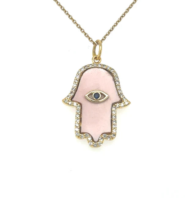 14KT YELLOW GOLD PINK OPAL HAMSA PENDANT WITH DIAMONDS