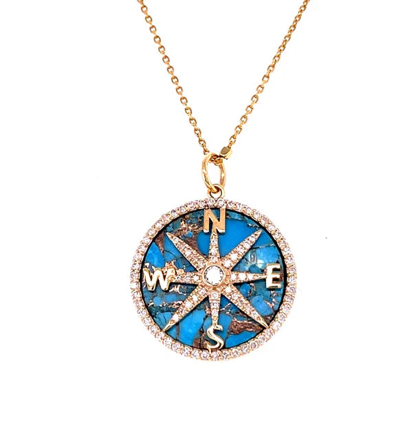 14KT YELLOW GOLD MOHAVE TURQUOISE AND DIAMONDS COMPASS PENDANT