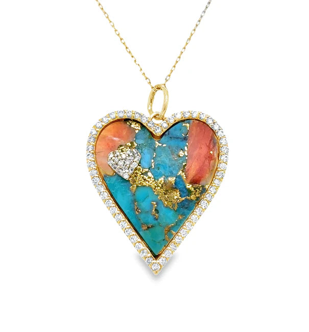 14KT YELLOW GOLD OYSTER TURQUOISE HEART PENDANT WITH DIAMONDS