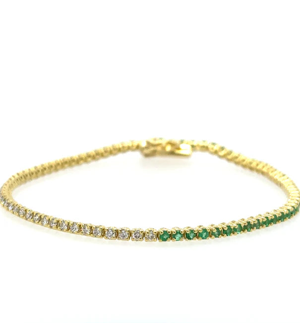 14KT YELLOW GOLD DIAMONDS AND EMERALD TENNIS BRACELET