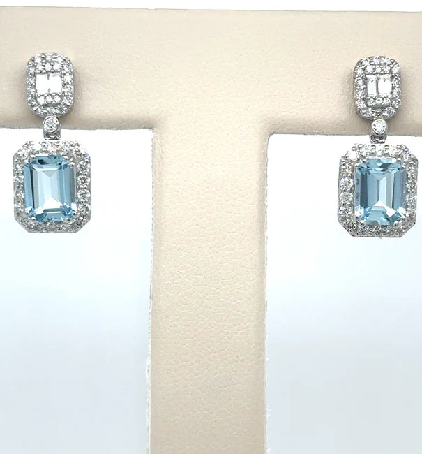 14KT WHITE GOLD AQUAMARINE AND DIAMONDS EARRING