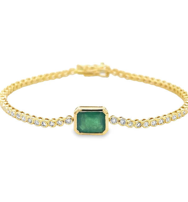 14KT EMERALD OCT AND DIAMOND TENNIS BRACELET