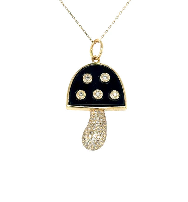 14KT YELLOW GOLD BLACK ONYX MUSHROOM PENDANT WITH DIAMONDS