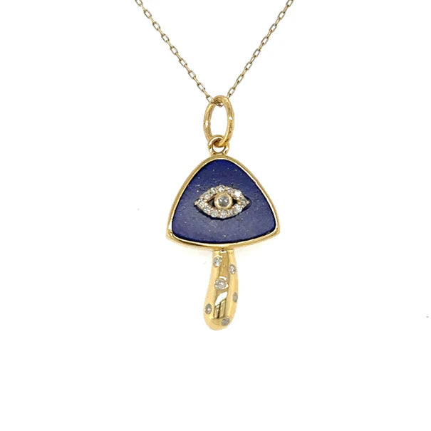 14KT YELLOW GOLD LAPIS MUSHROOM PENDANT WITH DIAMONDS