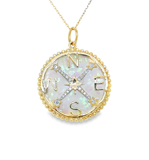 14KT YELLOW GOLD OPAL COMPASS PENDANT WITH DIAMONDS