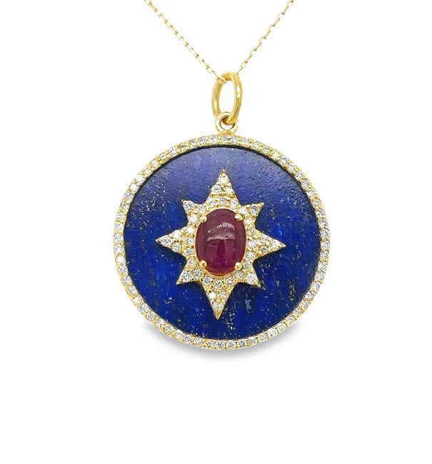 14KT YELLOW GOLD LAPIS PENDANT WITH DIAMONDS AND RUBY