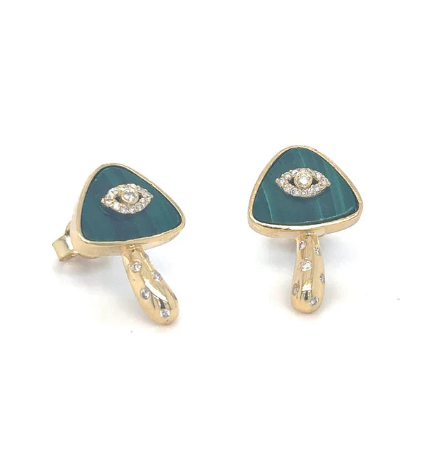 14KT YELLOW GOLD MALACHITE AND DIAMONDS MUSHROOM EARRING