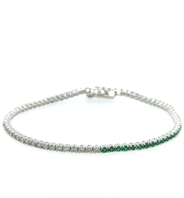 14KT WHITE GOLD DIAMONDS AND EMERALD TENNIS BRACELET