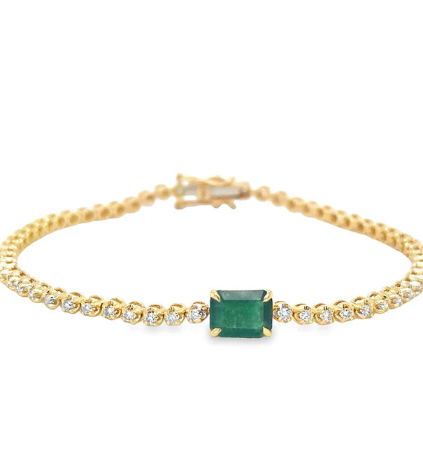 14KT YELLOW GOLD EMERALD OCT AND DIAMOND TENNIS BRACELET