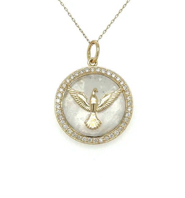 14KT YELLOW GOLD RAINBOW MOON STONE BIRD PENDANT WITH DIAMONDS