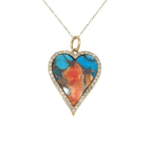 14KT YELLOW GOLD OYSTER TURQUOISE HEART PENDENT WITH DIAMONDS