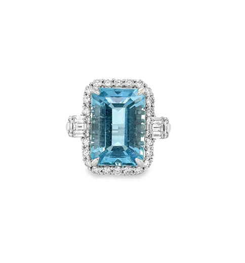 14KT WHITE GOLD AQUAMARINE AND DIAMONDS RING