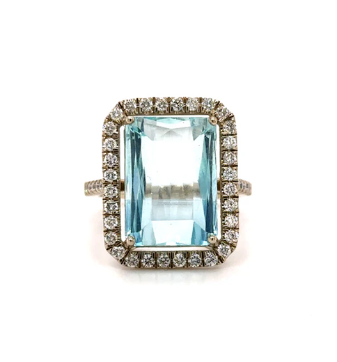 14KT WHITE GOLD AQUAMARINE AND DIAMONDS RING
