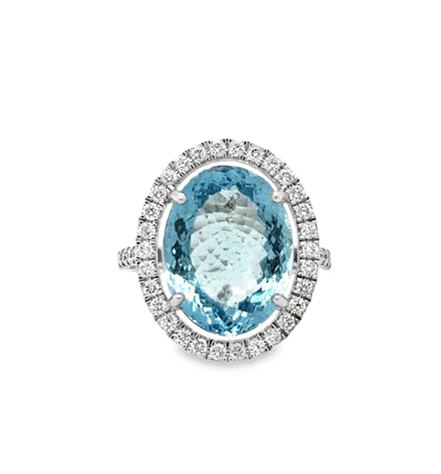 14KT WHITE GOLD AQUAMARINE AND DIAMONDS RING