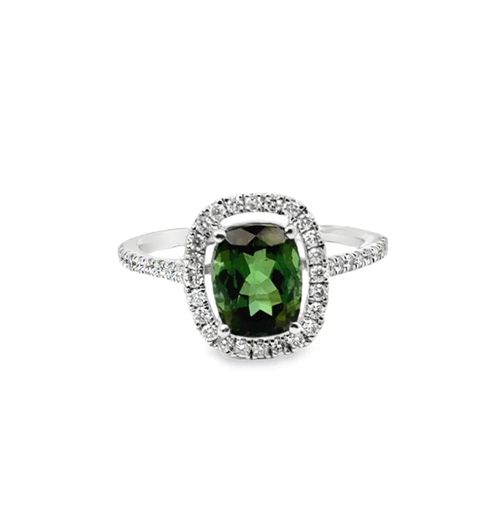 14KT WHITE GOLD GREEN TOURMALINE AND DIAMONDS RING