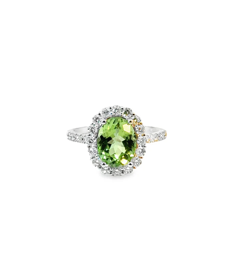 14KT WHITE GOLD GREEN TOURMALINE AND DIAMONDS RING