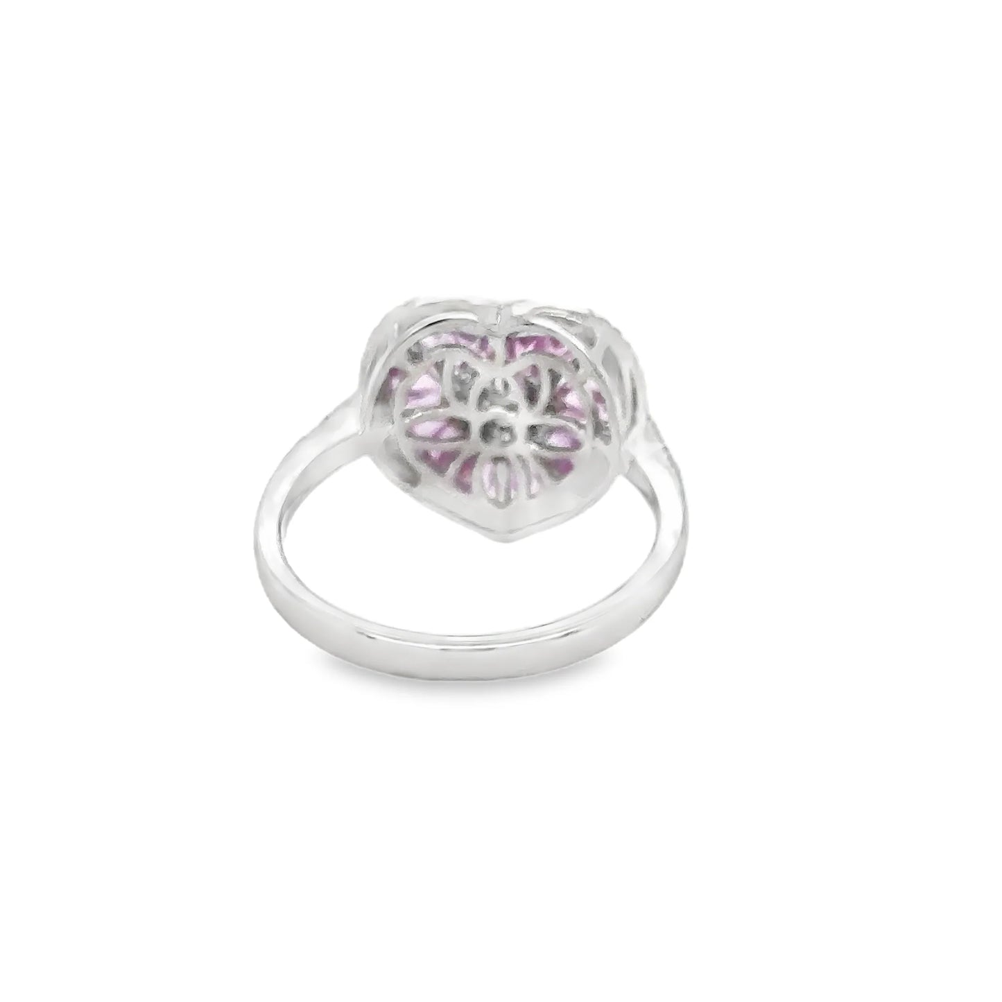 14KT WHITE GOLD PINK SAPPHIRE AND DIAMONDS HEART SHAPE RING