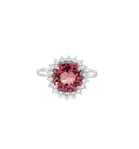 14KT WHITE GOLD PINK TOURMALINE AND DIAMONDS RING