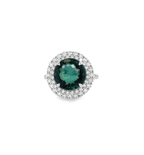 14KT WHITE GOLD ROUND TOURMALINE AND DIAMONDS RING