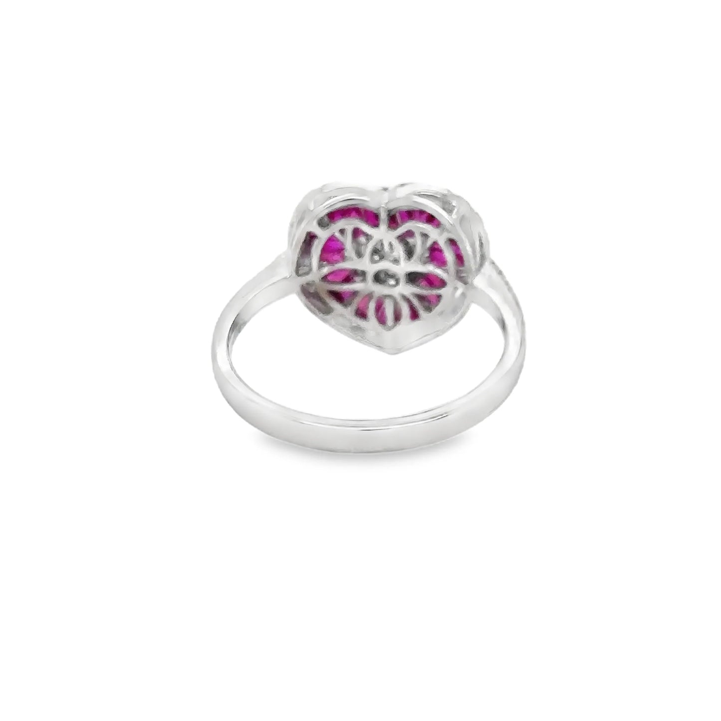 14KT WHITE GOLD RUBY AND DIAMONDS HEART RING