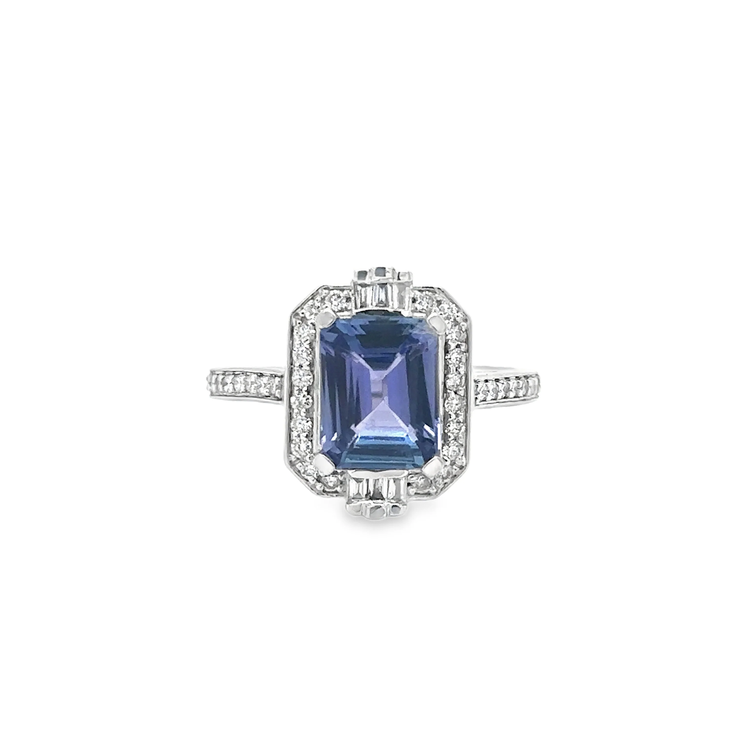 14KT WHITE GOLD TANZANITE EMERALD CUT RING WITH DIAMONDS
